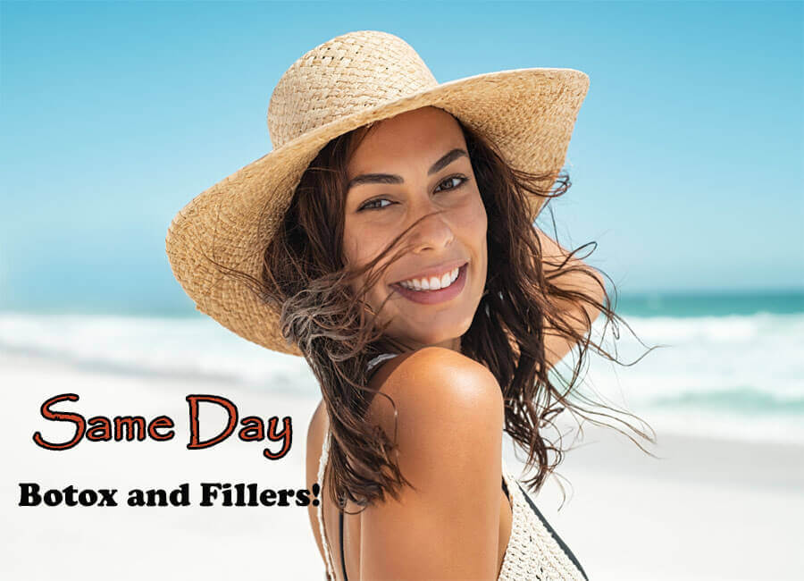 Picture of a beautiful woman wearing a striped beach hat and a two piece white bikini, lying on a Puerto Vallarta beach.